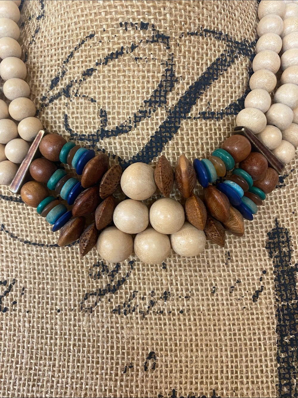 Handmade Natural Wood Bead Statement Necklace - Beige with Turquoise Accent - Picture 2 of 3
